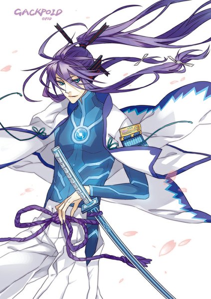 Anime picture 565x800 with vocaloid kamui gakupo psd (pixiv) single long hair tall image blue eyes simple background white background signed looking away purple hair ponytail wind boy weapon petals sword katana