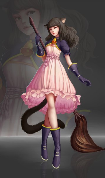 Anime picture 3546x5970 with original diandianzai single long hair tall image looking at viewer highres breasts brown hair standing brown eyes animal ears absurdres full body tail animal tail lips cat ears cat girl cat tail