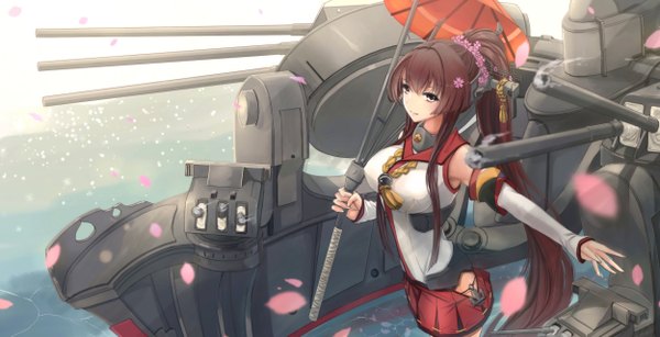 Anime picture 2500x1280 with kantai collection yamato super battleship kikivi single long hair fringe highres breasts smile brown hair wide image large breasts holding brown eyes ponytail hair flower sunlight sunbeam girl skirt