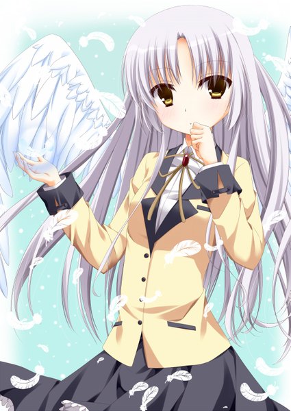 Аниме картинка 1075x1517 с ангельские ритмы! key (studio) тачибана канаде shisui (kachoufuugetsu) один (одна) длинные волосы высокое изображение смотрит на зрителя жёлтые глаза белые волосы девушка форма школьная форма крылья перо (перья)