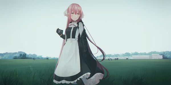 Anime picture 1500x750 with original chihuri single blush fringe hair between eyes wide image standing yellow eyes looking away pink hair sky outdoors very long hair off shoulder maid field girl thighhighs dress