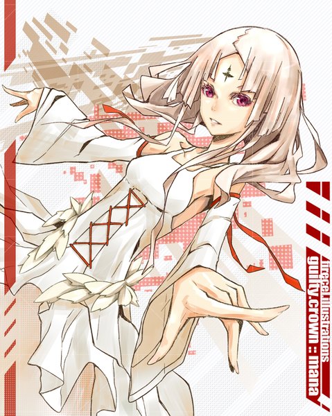 Anime picture 1400x1754 with guilty crown production i.g ouma mana firecel single long hair tall image looking at viewer open mouth bare shoulders white hair long sleeves pink eyes light smile wide sleeves facial mark spread arms lacing girl dress