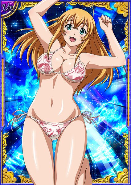 Anime picture 567x800 with ikkitousen sonsaku hakufu single long hair tall image looking at viewer open mouth blue eyes light erotic blonde hair ahoge arms up shiny skin thigh gap happy card (medium) girl swimsuit bikini side-tie bikini