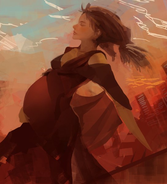 Anime picture 2720x3000 with original k-bose single tall image highres brown hair eyes closed profile pregnant girl dress building (buildings)