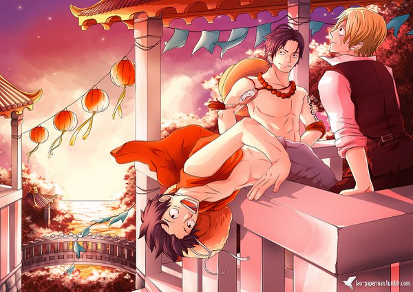 Anime picture 1200x849 with one piece toei animation monkey d. luffy portgas d. ace sabo (one piece) lao-paperman short hair open mouth black hair blonde hair smile signed looking away sky cloud (clouds) outdoors profile black eyes open clothes multiple boys