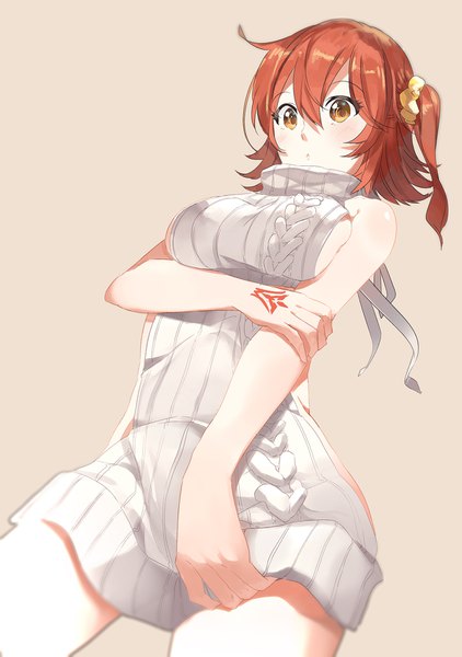 Anime picture 1200x1706 with fate (series) fate/grand order fujimaru ritsuka (female) fare single tall image looking at viewer blush fringe short hair breasts light erotic simple background hair between eyes large breasts brown eyes payot parted lips orange hair :o
