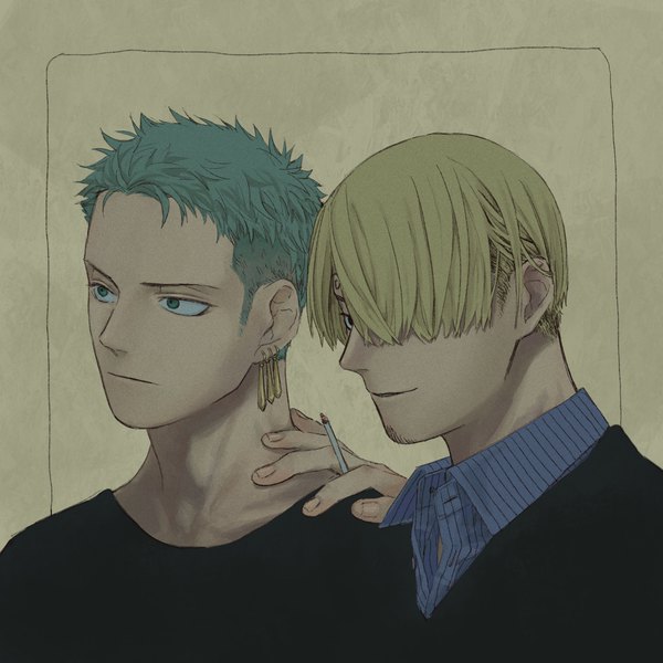 Anime picture 2048x2048 with one piece toei animation roronoa zoro sanji 4myaku1 fringe highres short hair blonde hair green eyes looking away upper body green hair hair over one eye multiple boys hand on another's shoulder boy 2 boys cigarette