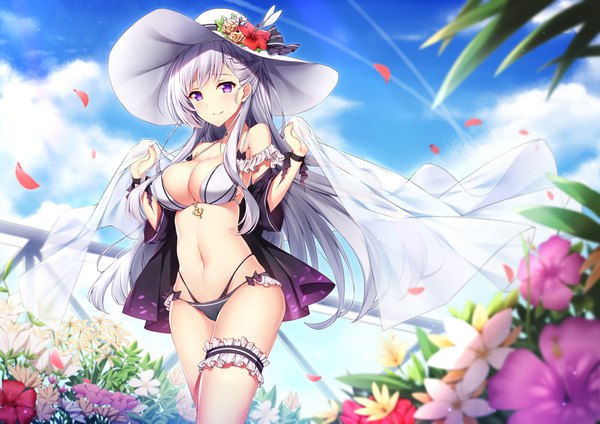 Anime picture 1920x1357 with azur lane belfast (azur lane) yuxian youka single long hair looking at viewer fringe highres breasts light erotic large breasts standing purple eyes bare shoulders sky cleavage silver hair cloud (clouds) outdoors wind