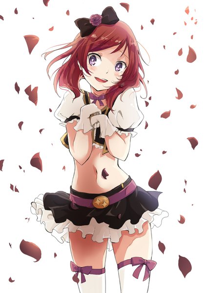 Anime picture 707x1000 with love live! school idol project sunrise (studio) love live! nishikino maki chiigo single long hair tall image looking at viewer blush fringe open mouth simple background smile standing white background purple eyes red hair :d bare belly