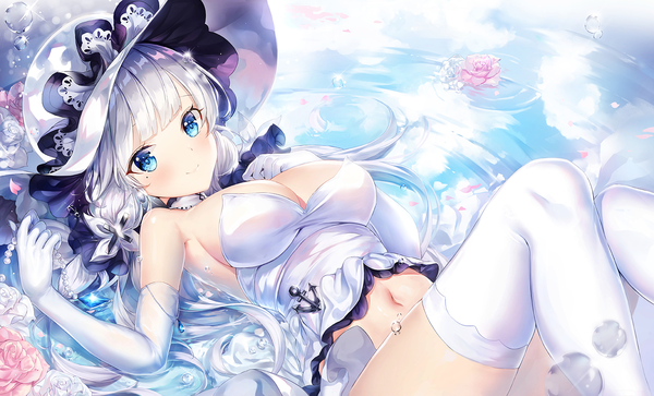 Anime picture 1586x960 with azur lane illustrious (azur lane) narae single long hair looking at viewer blush fringe breasts blue eyes light erotic smile wide image large breasts twintails holding sky cleavage silver hair cloud (clouds)