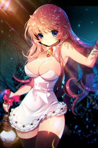 Anime picture 1000x1500 with original sorolp single long hair tall image looking at viewer blush fringe breasts blue eyes light erotic large breasts bare shoulders holding pink hair horn (horns) night night sky sleeveless light
