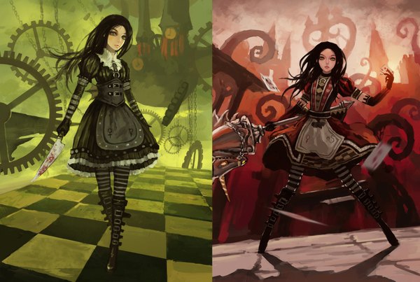 Anime picture 1898x1277 with american mcgee's alice (game) alice: madness returns alice (american mcgee's) gjred long hair highres black hair horn (horns) checkered floor girl gloves weapon pantyhose elbow gloves boots blood apron knife card (cards) huge weapon