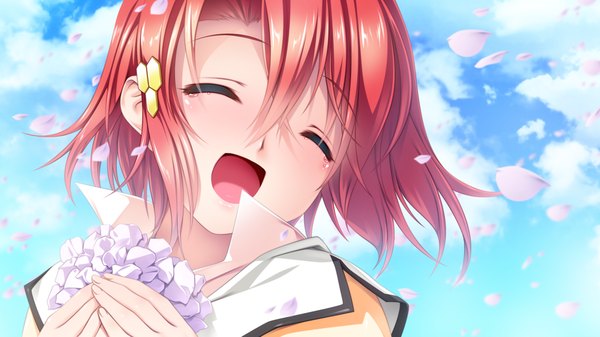 Anime picture 1280x720 with racial merge senomoto hisashi single blush short hair open mouth wide image game cg sky cloud (clouds) red hair eyes closed happy girl flower (flowers) petals