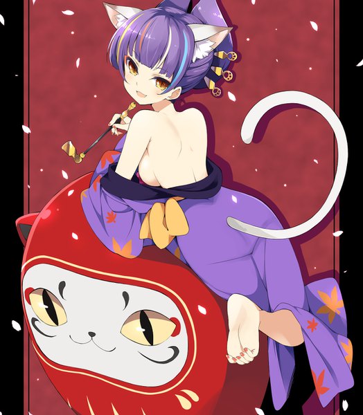 Anime picture 1180x1350 with show by rock!! studio bones daru dayu wara (warapro) single tall image fringe breasts light erotic brown eyes animal ears purple hair tail blunt bangs nail polish traditional clothes japanese clothes animal tail multicolored hair barefoot