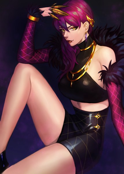 Anime picture 1982x2769 with league of legends k/da (league of legends) evelynn (league of legends) k/da evelynn on (isk1812) single long hair tall image looking at viewer fringe highres breasts simple background hair between eyes sitting yellow eyes pink hair midriff lipstick sideboob