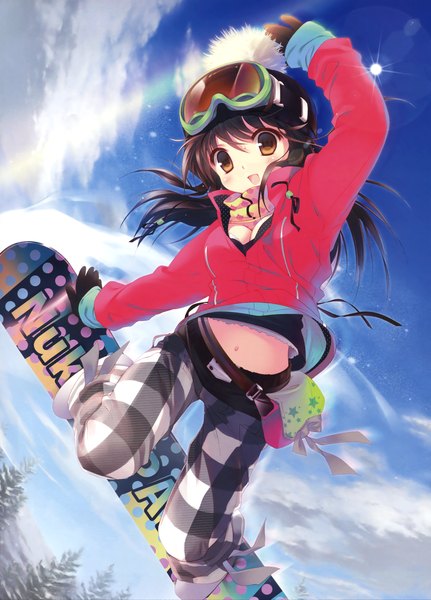 Anime picture 2513x3500 with santa matsuri single long hair tall image looking at viewer blush highres open mouth black hair brown eyes sky cloud (clouds) girl navel cap goggles