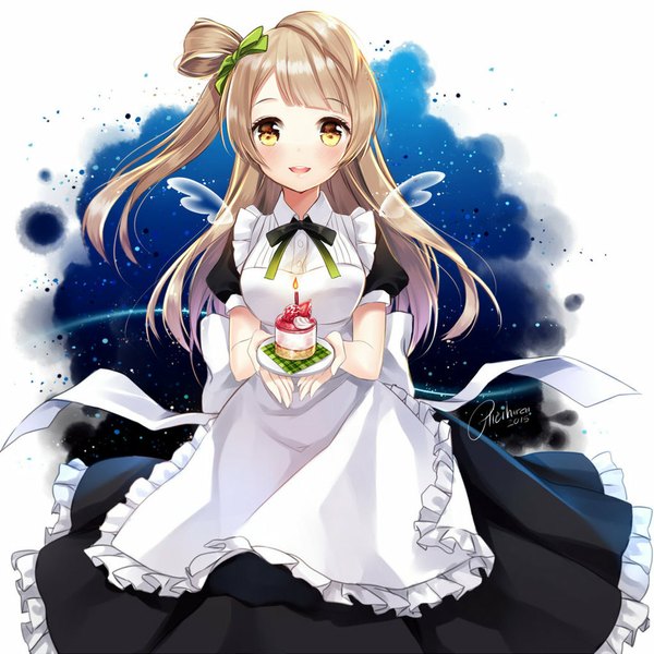 Anime picture 894x894 with love live! school idol project sunrise (studio) love live! minami kotori hieihirai single looking at viewer fringe breasts simple background smile brown hair holding signed yellow eyes maid one side up girl uniform hair ornament