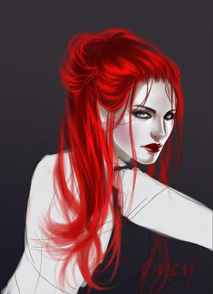 Anime picture 725x1000 with original juliette syrkell single long hair tall image looking at viewer blush blue eyes simple background red hair lips from behind grey background pale skin silver eyes girl