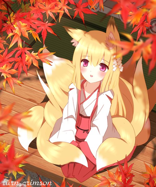 Anime picture 1000x1200 with original non (wednesday-classic) single tall image fringe short hair blonde hair hair between eyes sitting animal ears tail traditional clothes japanese clothes animal tail pink eyes from above fox ears fox tail fox girl looking up