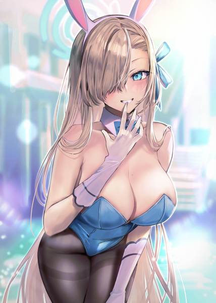 Anime picture 2502x3508 with blue archive asuna (blue archive) asuna (bunny) (blue archive) hane yuki single tall image looking at viewer blush fringe highres breasts blue eyes light erotic blonde hair large breasts animal ears cleavage very long hair hair over one eye leaning