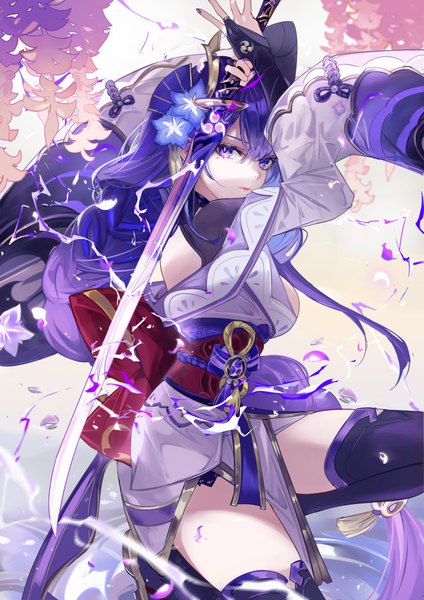 Anime picture 1767x2500 with genshin impact raiden shogun vardan single long hair tall image looking at viewer fringe highres breasts hair between eyes large breasts purple eyes purple hair braid (braids) nail polish traditional clothes japanese clothes mole wide sleeves