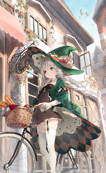 Anime picture 550x900 with original dsmile long hair tall image fringe standing green eyes payot looking away sky silver hair outdoors braid (braids) long sleeves wind wide sleeves twin braids city solo focus frilled dress