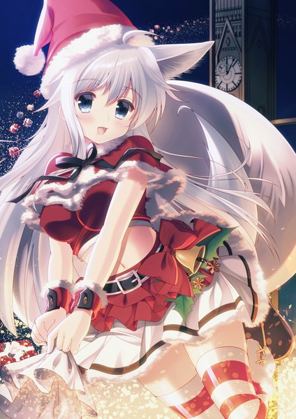 Anime picture 723x1023 with original misaki yuu (dstyle) single long hair tall image blush fringe open mouth blue eyes hair between eyes animal ears white hair tail animal tail fur trim christmas girl thighhighs skirt hat
