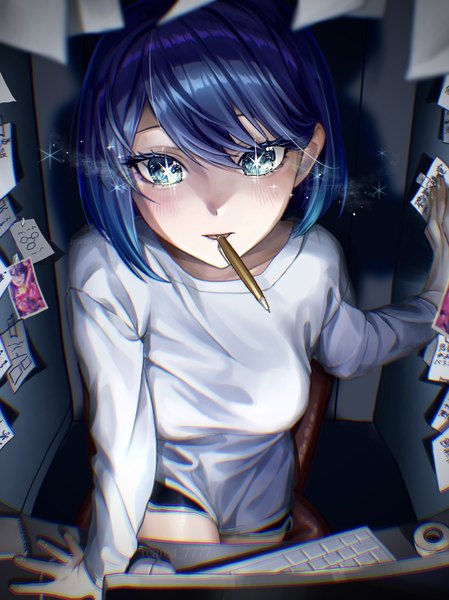 Anime picture 1490x1992 with oshi no ko kurokawa akane rearea 7777 single tall image looking at viewer fringe short hair blue eyes hair between eyes holding blue hair indoors arm support mouth hold symbol-shaped pupils girl paper pen computer keyboard