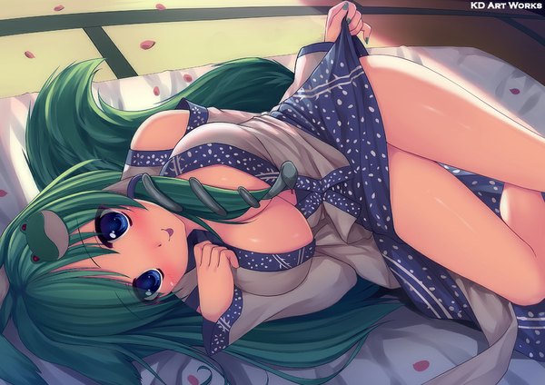 Anime picture 1000x707 with touhou kochiya sanae caidychen long hair blush breasts blue eyes light erotic large breasts lying green hair open clothes girl detached sleeves snake frog