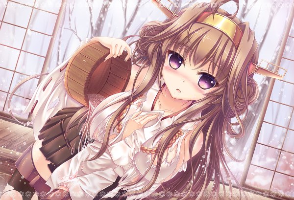 Anime picture 1200x818 with kantai collection kongou battleship shirakawako single long hair looking at viewer blush breasts open mouth light erotic brown hair purple eyes ahoge traditional clothes torn clothes wet clothes nontraditional miko girl hair ornament detached sleeves