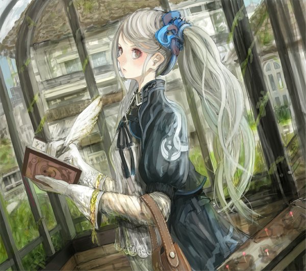 Anime picture 1082x960 with original asme (m a l d o) single long hair twintails grey hair grey eyes girl gloves plant (plants) book (books) bag feather (feathers)