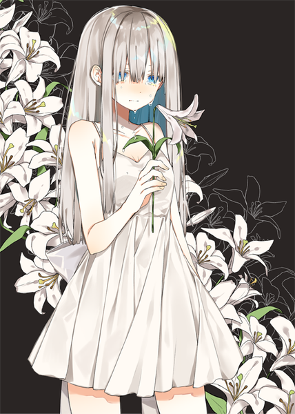 Anime picture 600x840 with original oshio (dayo) single long hair tall image blush fringe blue eyes hair between eyes standing bare shoulders holding looking away silver hair tears black background crying sad floral background hair over eyes