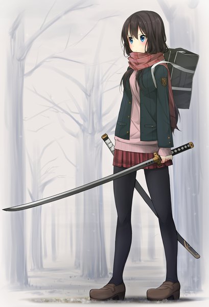 Anime-Bild 1500x2200 mit original musk tiger single long hair tall image blush fringe blue eyes black hair standing holding looking away outdoors long sleeves pleated skirt open jacket plaid skirt bare tree fog girl