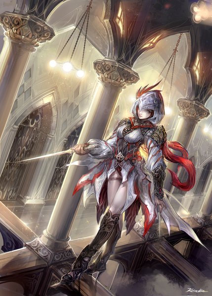 Anime picture 1394x1947 with assassin's creed (game) original kazeco (pixiv) single tall image looking at viewer signed grey eyes walking assassin girl weapon armor hood knee boots pillar door dagger column