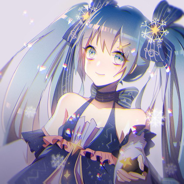Anime picture 1024x1024 with vocaloid star night snow (vocaloid) hatsune miku yuki miku yuki miku (2017) zhibuji loom single long hair looking at viewer simple background smile twintails bare shoulders upper body aqua eyes aqua hair grey background striped girl dress
