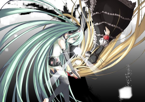 Anime picture 1900x1344 with vocaloid vocaloid append hatsune miku hatsune miku (append) lily (vocaloid) rindou (faker's manual) long hair highres blonde hair multiple girls green eyes very long hair green hair girl dress 2 girls