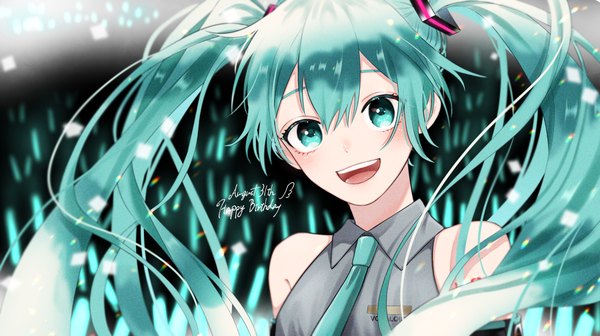 Anime picture 2932x1642 with vocaloid hatsune miku nazutaro single long hair fringe highres open mouth hair between eyes wide image twintails upper body :d aqua eyes aqua hair happy birthday girl necktie glowstick