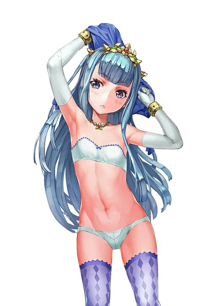 Anime picture 608x860 with outbreak company feel (studio) petralka anne eldant iii odibil single long hair tall image blush fringe breasts blue eyes light erotic standing white background blue hair looking away head tilt arms up bare belly armpit (armpits)