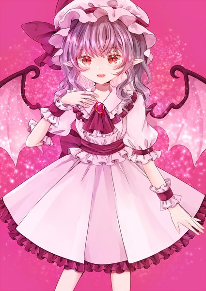 Anime picture 600x847 with touhou remilia scarlet jaku sono single long hair tall image looking at viewer simple background red eyes standing purple hair pointy ears hand on chest pink background girl skirt hat wings bonnet skirt set