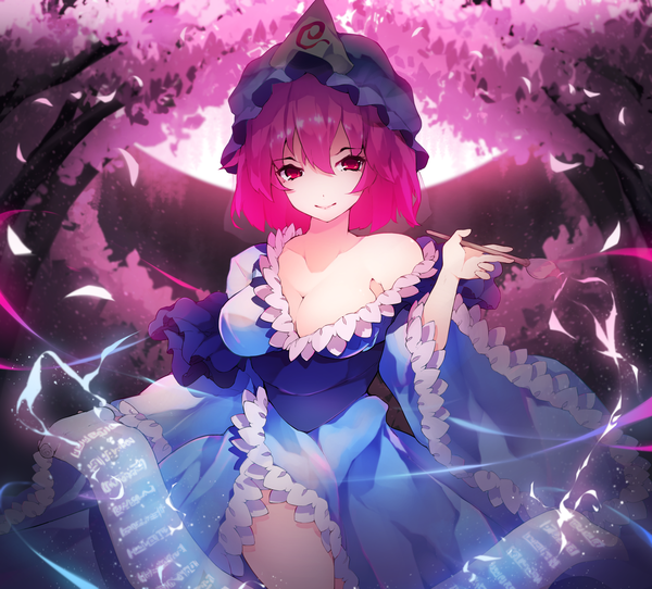 Anime picture 2601x2349 with touhou saigyouji yuyuko chiroru (cheese-roll) single looking at viewer fringe highres short hair breasts light erotic smile hair between eyes large breasts pink hair cleavage outdoors pink eyes cherry blossoms girl plant (plants)