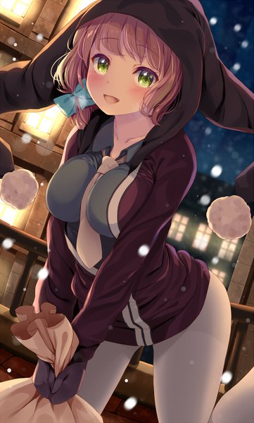 Anime picture 777x1290 with original komone ushio single tall image looking at viewer blush short hair breasts open mouth light erotic brown hair large breasts green eyes leaning dutch angle leaning forward snowing winter between breasts girl