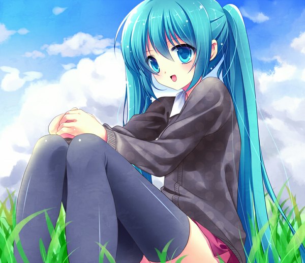 Anime picture 1000x862 with vocaloid hatsune miku nametakenoko single open mouth twintails cloud (clouds) very long hair aqua eyes aqua hair girl thighhighs black thighhighs plant (plants) sweater grass