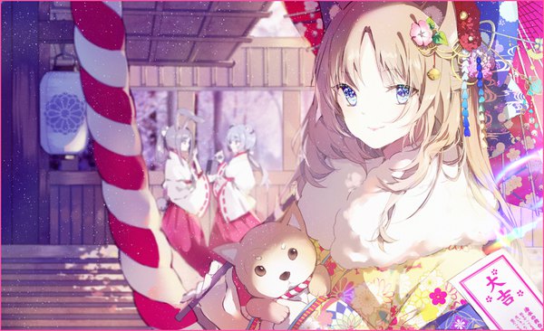 Anime picture 1055x644 with original kinokohime long hair looking at viewer blue eyes blonde hair smile wide image multiple girls animal ears ponytail tail traditional clothes japanese clothes animal tail grey hair bunny ears depth of field bunny girl miko