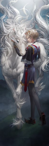 Anime picture 853x2500 with original jane mere tall image short hair blonde hair yellow eyes pointy ears boy animal belt crown horse unicorn