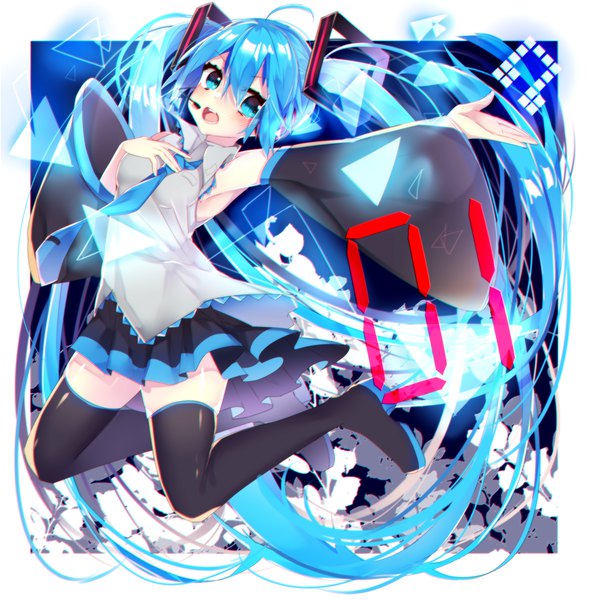 Anime picture 3000x3000 with vocaloid hatsune miku motsuni (lxxe1120) single looking at viewer blush highres blue eyes twintails blue hair full body ahoge very long hair outstretched arm border jumping girl detached sleeves boots thigh boots