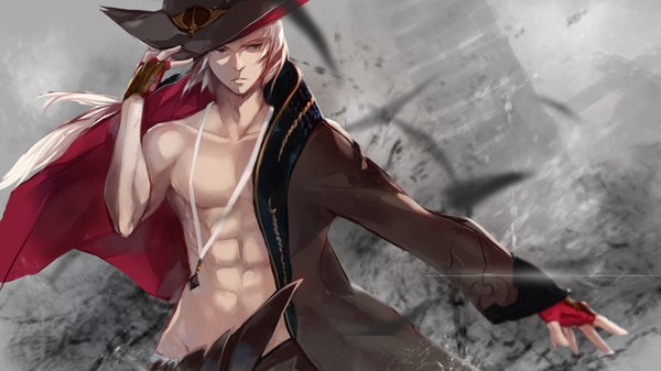 Anime picture 1889x1062 with dungeon and fighter swd3e2 single long hair highres wide image looking away white hair grey eyes undressing boy gloves hat fingerless gloves cloak