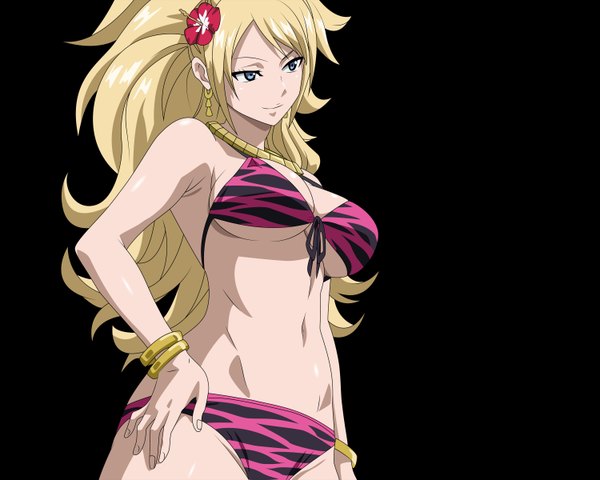 Anime picture 3000x2400 with fairy tail jenny realight single long hair highres breasts blue eyes light erotic blonde hair hair flower hand on hip black background vector girl navel hair ornament swimsuit bikini
