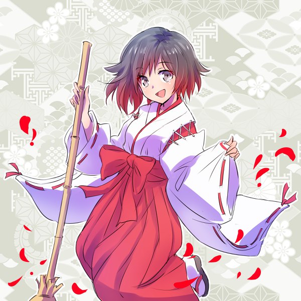 Anime picture 2400x2400 with rwby rooster teeth ruby rose iesupa single looking at viewer fringe highres short hair open mouth black hair smile holding full body long sleeves traditional clothes :d japanese clothes multicolored hair wide sleeves