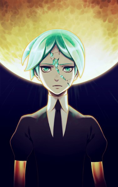 Anime picture 782x1244 with houseki no kuni phosphophyllite arasdel single tall image looking at viewer short hair green eyes upper body green hair puffy sleeves expressionless androgynous spoilers crack uniform necktie moon full moon