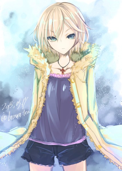 Anime picture 1123x1575 with idolmaster idolmaster cinderella girls anastasia (idolmaster) otogi kyouka single tall image looking at viewer fringe short hair blue eyes blonde hair standing signed open clothes open jacket dated hands behind back girl jacket shorts